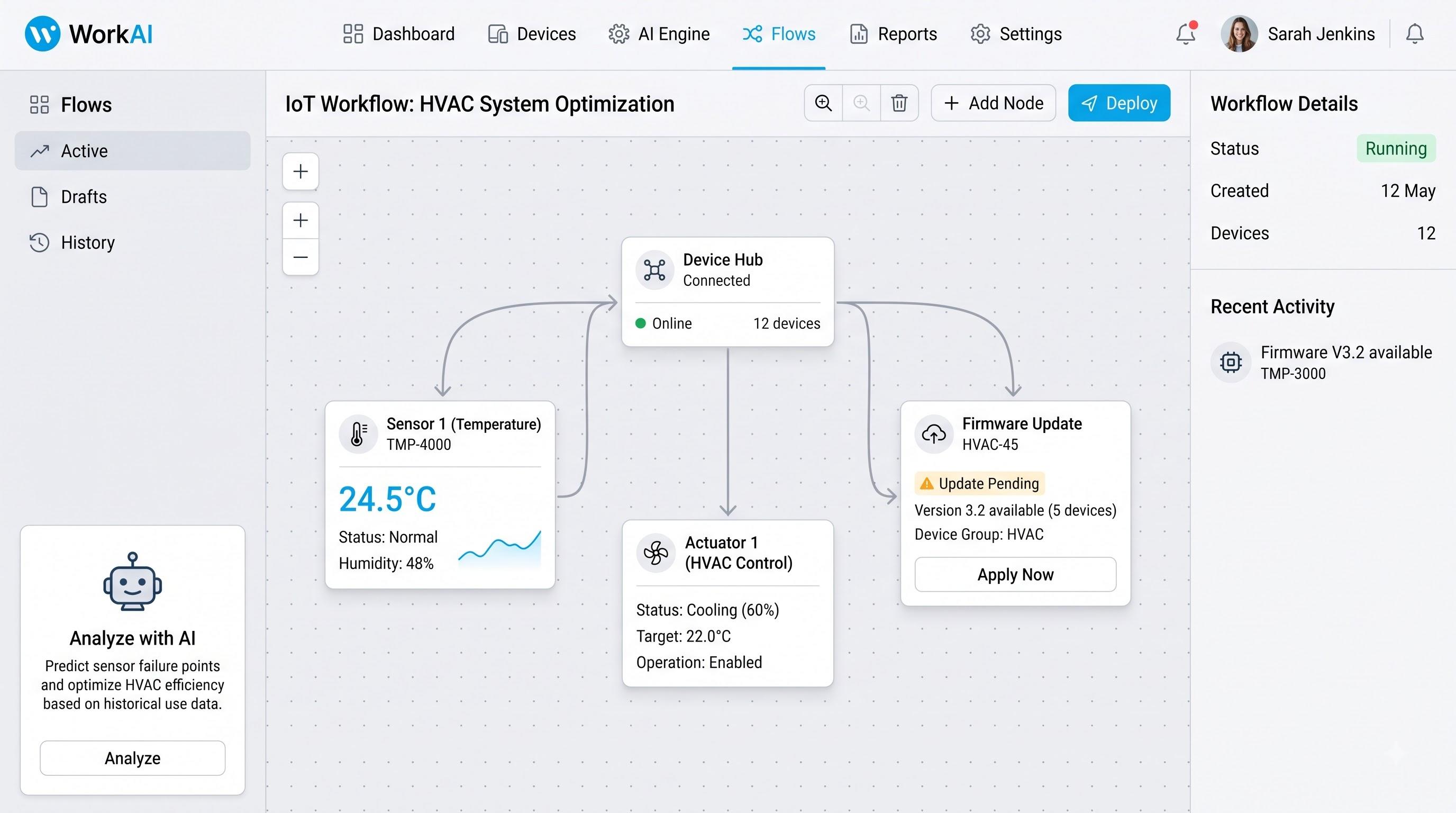 Node-based system workflow dashboard with connected devices and deploy controls