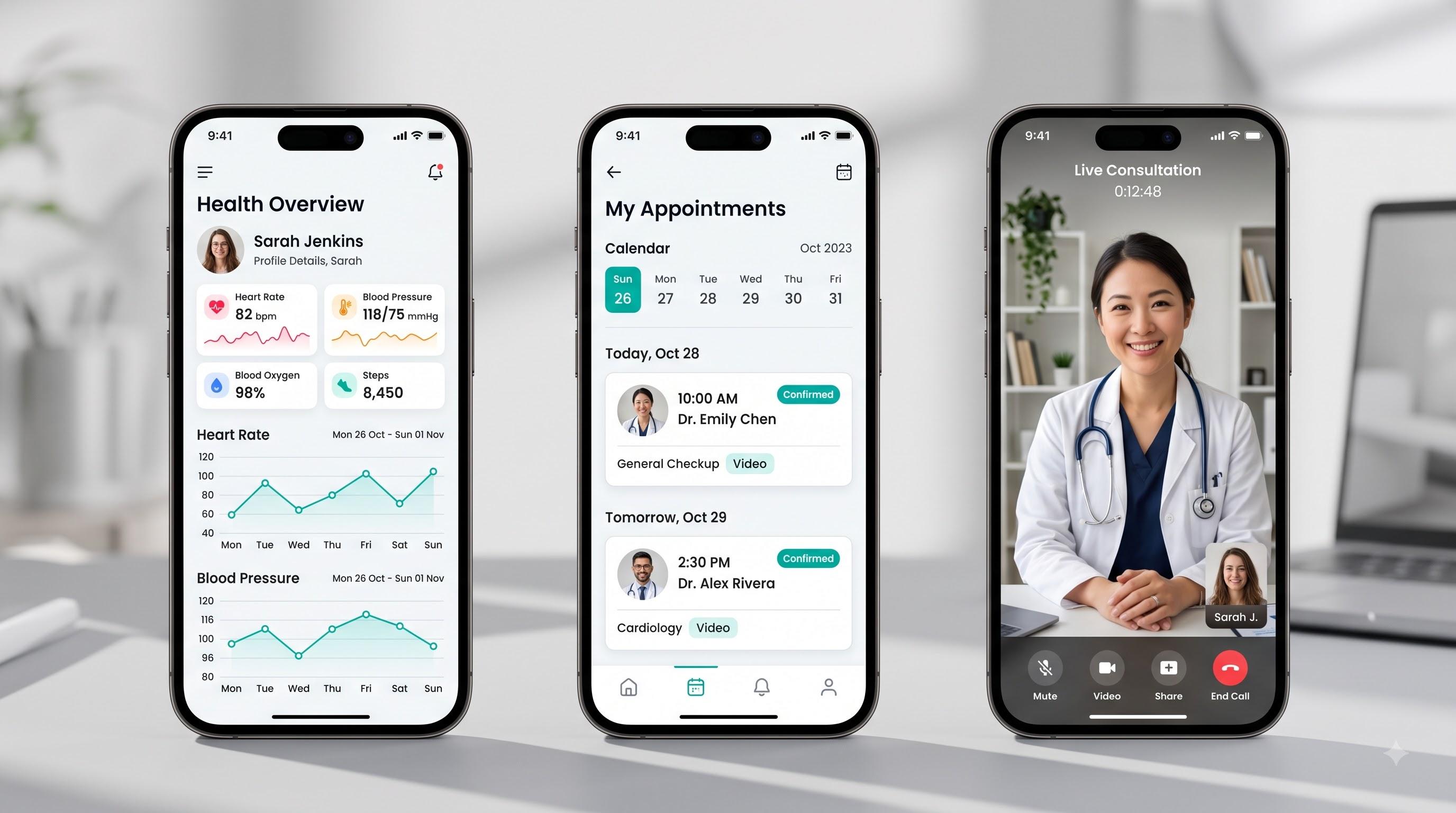 Telehealth mobile app screens: health overview, appointments and live consultation