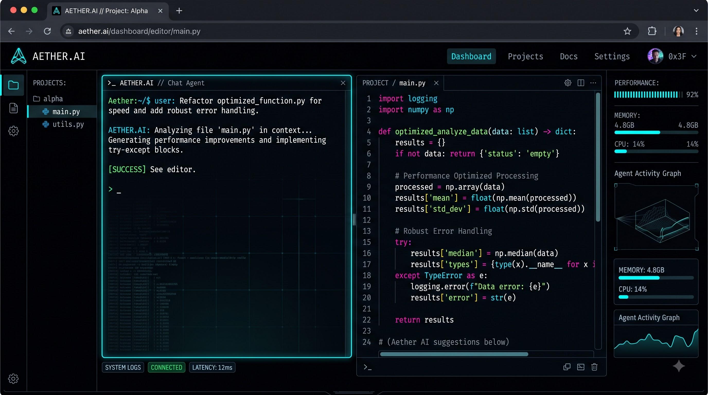 AI coding agent interface with code editor and agent activity panels